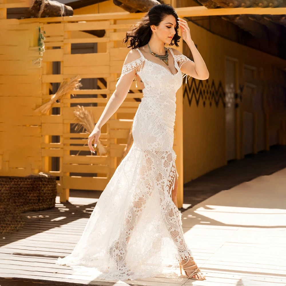 Bohemian Lace Illusion Bottom Mermaid Rustic Wedding Dress Customized Removable Sleeves Open Back V Neck Tassels  Bridal Gowns