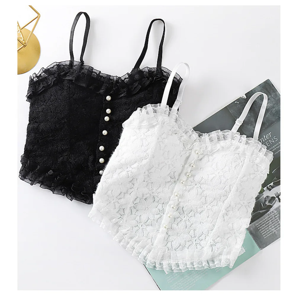 French lace pearl vest, fixed cup, beautiful back, camisole, underwear outside, casual wearing on inside, wrapped around_voghion.com