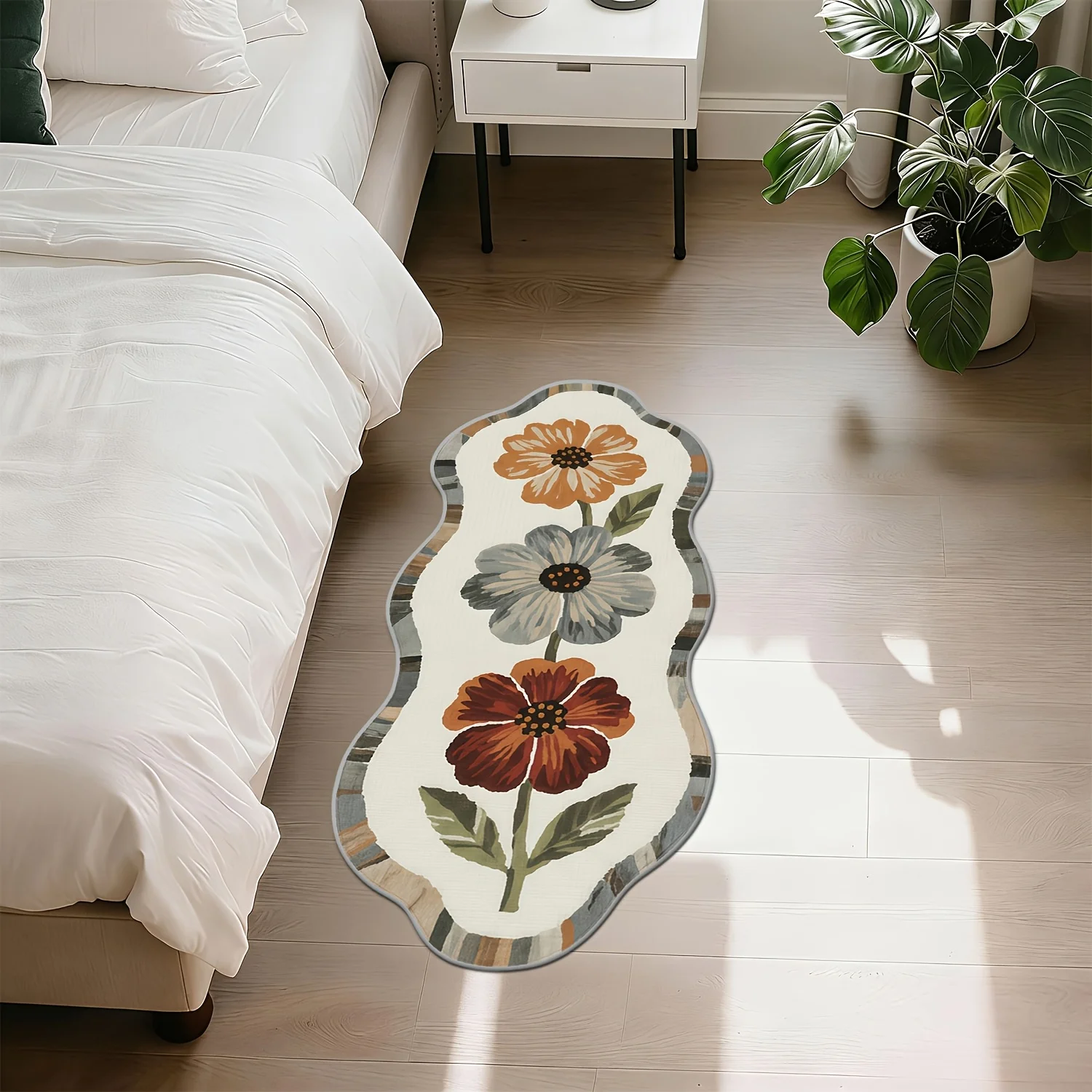 VIKAMA Three Flowers Pattern Runner Rug for Bedroom, Soft Flannel Bedside Floor Mat, Anti Slip Non Fatigue Doormat, Home Decor