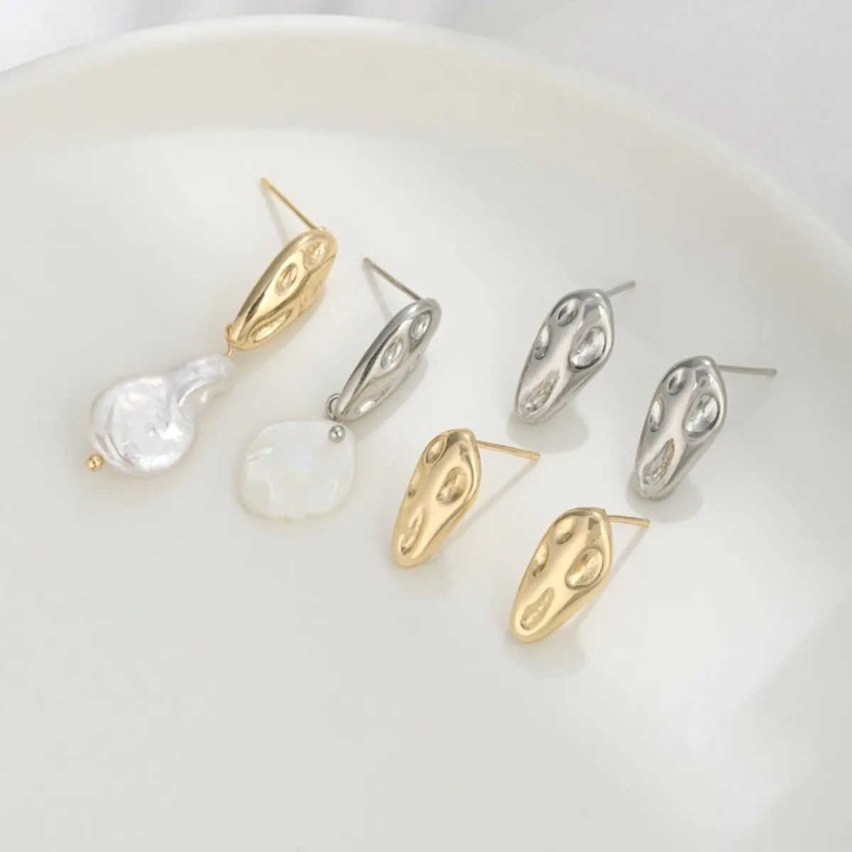 Brass Gold Plated Textured Meteor Water Drop Stud With Loop DIY Handmade Pearl Dangle Earring Jewelry Findings