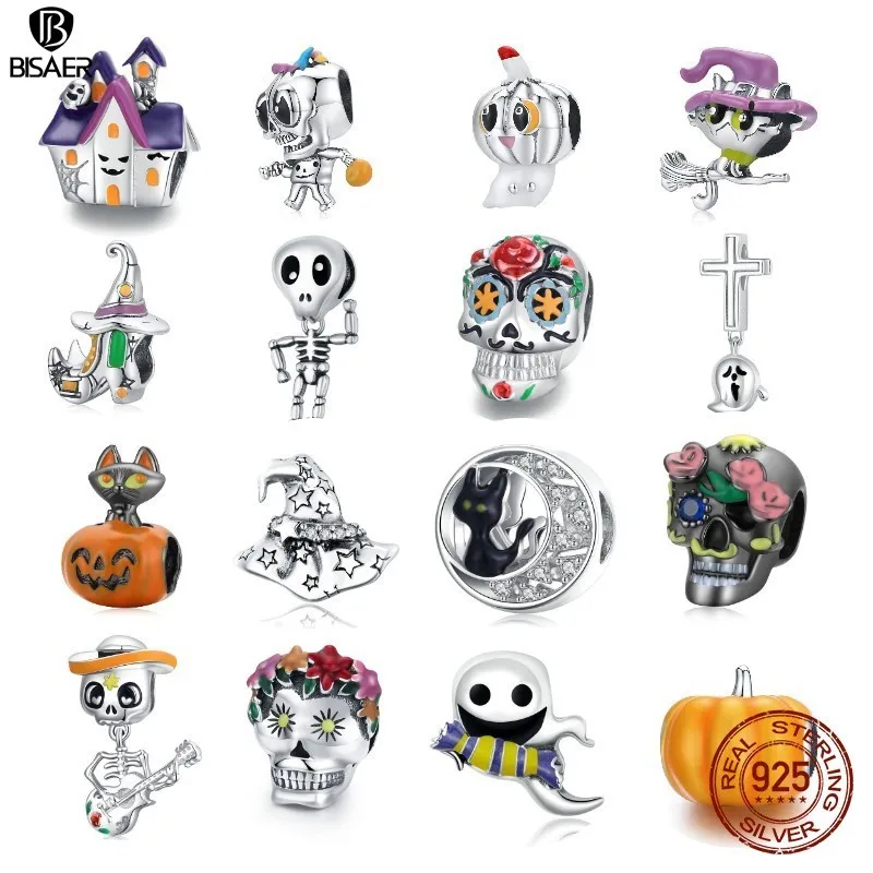 

BISAER Halloween Series 100% 925 Sterling Silver Charm Skull Ghost Pumpkin Witch Bead for Woman Bracelet Fine Jewelry ECC1955