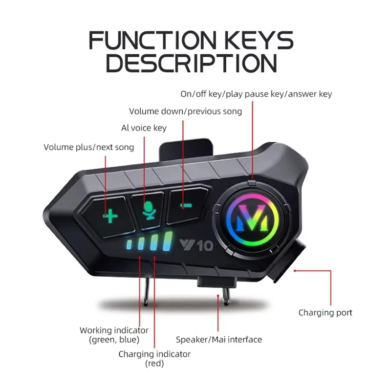 Y10 Bluetooth 5.3 Helm-Headset Kabelloses Freisprechsystem Motorrad Wasserdichter Kopfhörer Musikplayer Lautsprecher für Motorräder – Detail 5