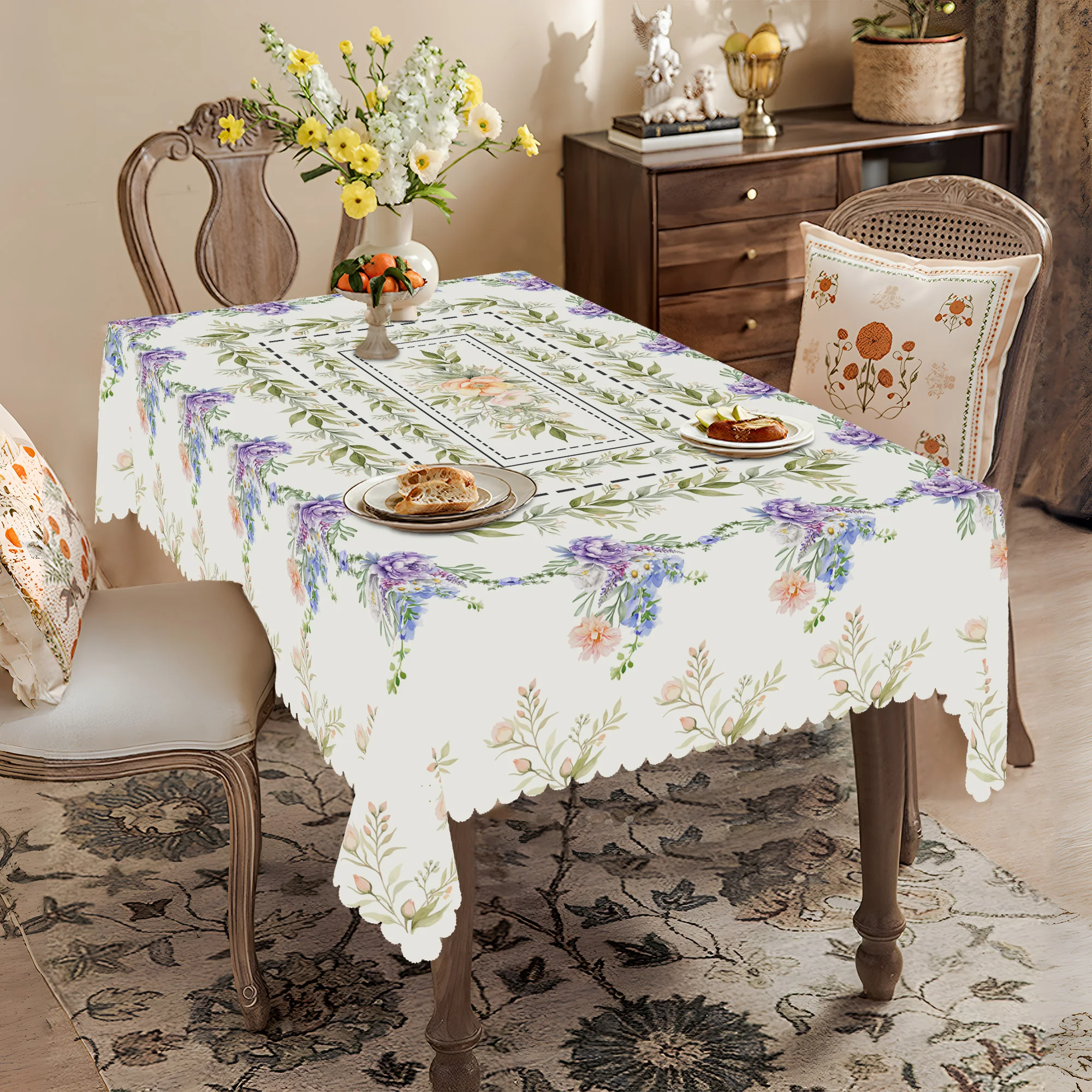 1 Piece of Bright Floral-Themed Round Tablecloth, Available in 5 Sizes, Light White Background with Delicate Prints of Purple Clusters and Fresh Green Leaves, Embossed Edge Craftsmanship, Fresh Style, Spring Garden Tablecloth Decoration, Suitable for Daily Home Kitchen, Terrace Picnic Use, Spring and Summer Home Decoration