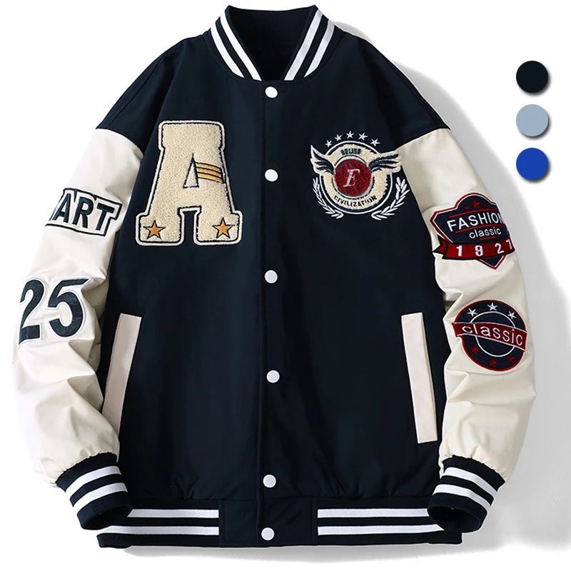 

Patchwork Hip Hop Baseball Jackets Coats Men Letters Embroidery Harajuku College Unisex Loose Streetwear Oversize Varsity Jacket
