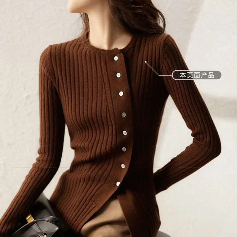 Spring Autumn Solid Color High Street Round Neck Sweater Women Fashion Long Sleeve Slim Button Asymmetrical All-match Pullovers