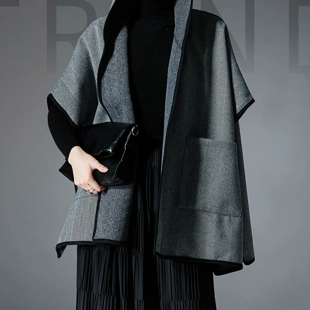 

High-quality European and American autumn and winter new double-faced wool gray hooded cloak shawl-GZXX722
