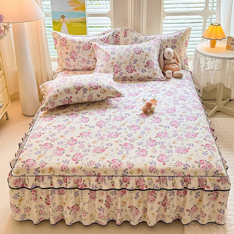 Flower Printed Bed Skirt Single/Queen/King Size Bed Cover with Ruffles Bedsheet with ElasticSoft Mattress Protector for Home Bed