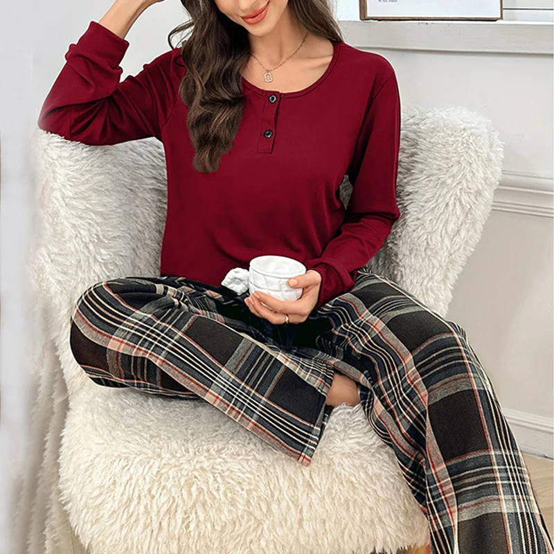 春秋-レディース-綿-パジャマセット-長袖トップス＆ロングパンツ-寝間着-2ピース-ソフト-ホームウェア-パジャマセット-アウター