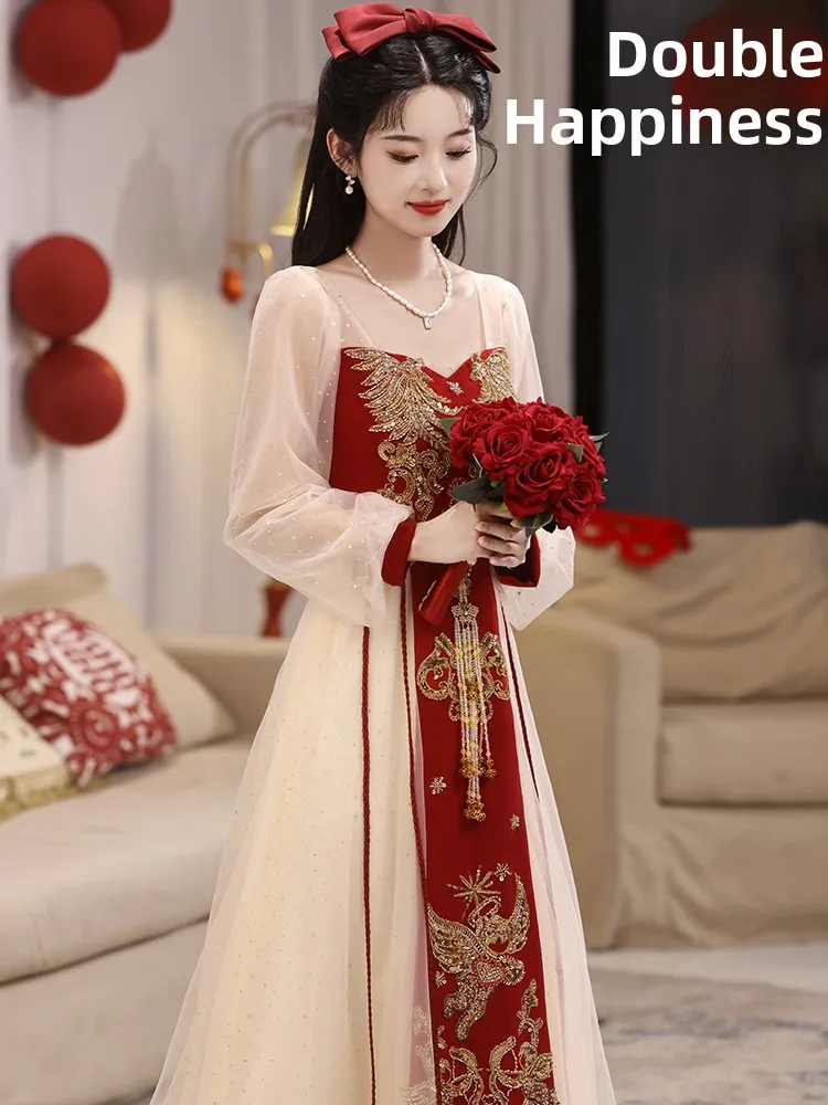 

Red Long Sve Wedding Dr New Chinese Sle Bridal Gown Vintage Sle Fitted Long Skirt Polyester Fiber for Wedding Par