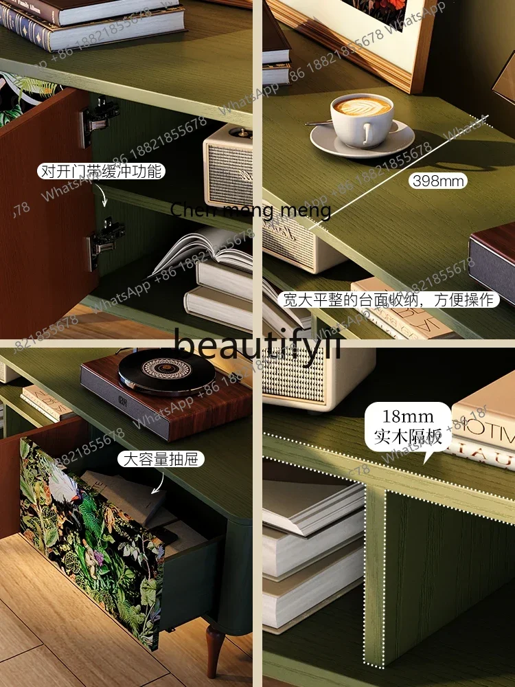 S7486teae TV cabinet, living room French retro style solid wood TV cabinet, green floor storage cabinet