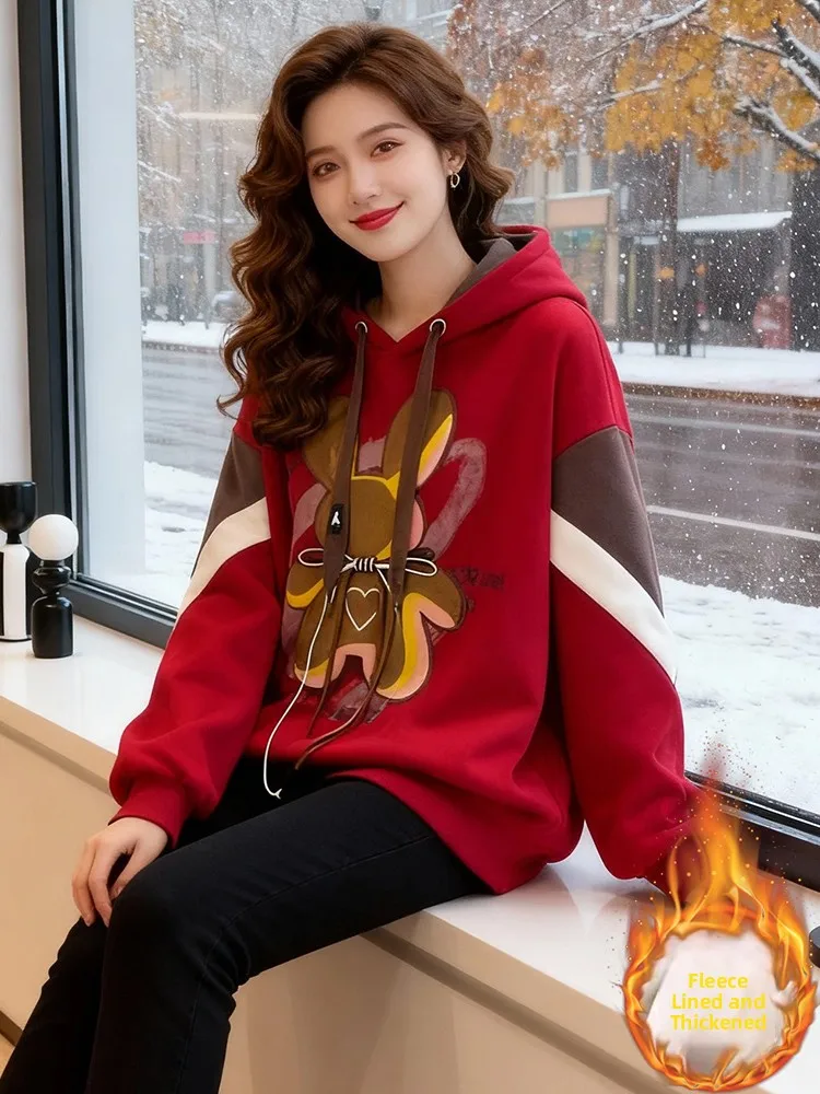 Thiened Fce Hoodie Women's Mid-Length Oversized Sweatirt Winter New Design Daily Wear Comfortable Soft Fabric Long Sve