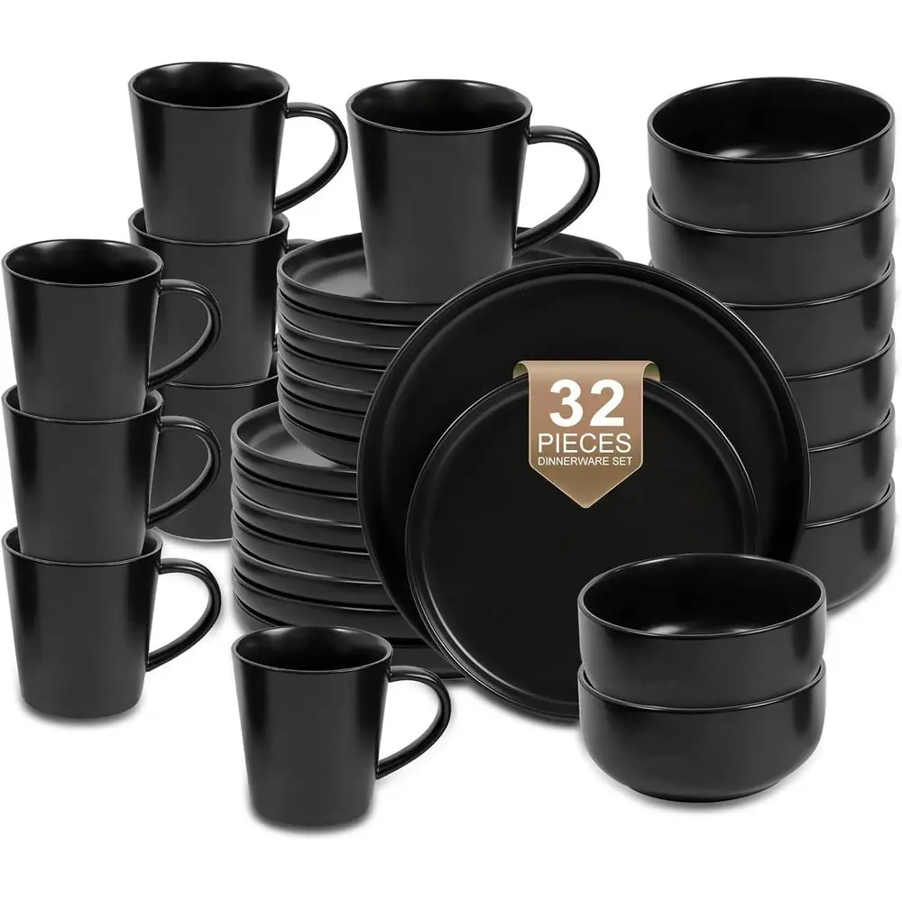 

32-Piece Ceic Stoneware Dinnerware Set, 8 Dishware Dishes, Scratch-Resistant, Dishwasher & Microwave Safe, Black