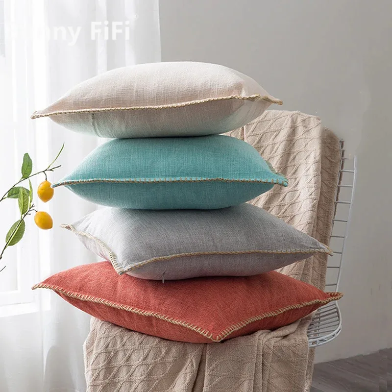 Solid Linen Cushion Cover Blue Grey Yellow Red Green Fringe Solid Pillow Case for Home Decoration Sofa Bed 45x45cm