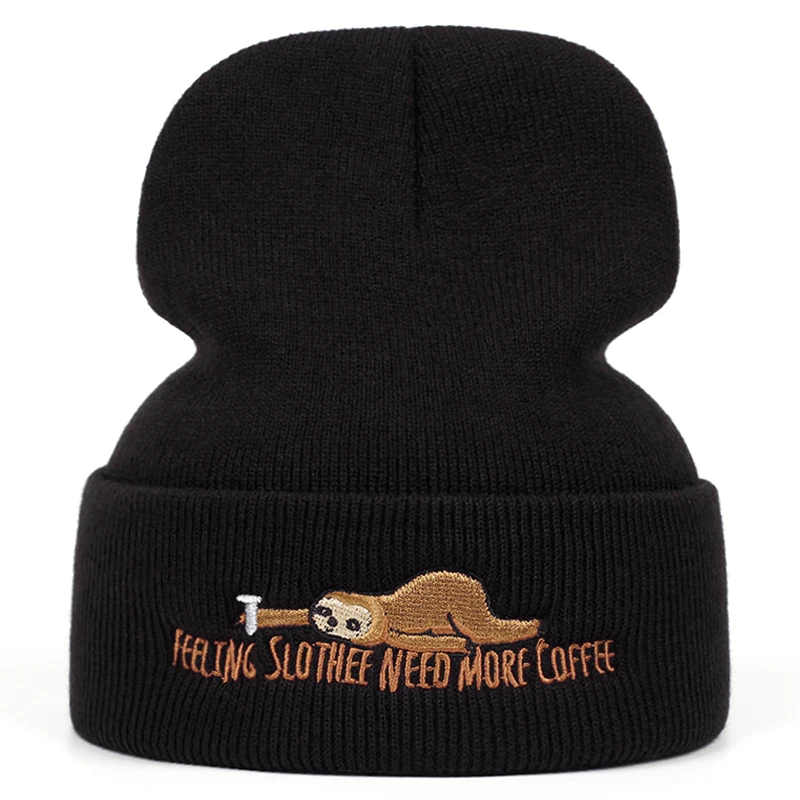 Cute sloth Embroidery knitted hat Winter women men outdoor warm beanie
