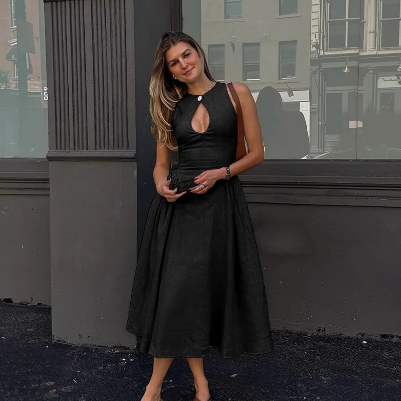 YUZHEXI-vestido hinchado de hilo de algodón para mujer, vestido retro caqui elegante sin mangas con corte de agujeros y cintura fruncida