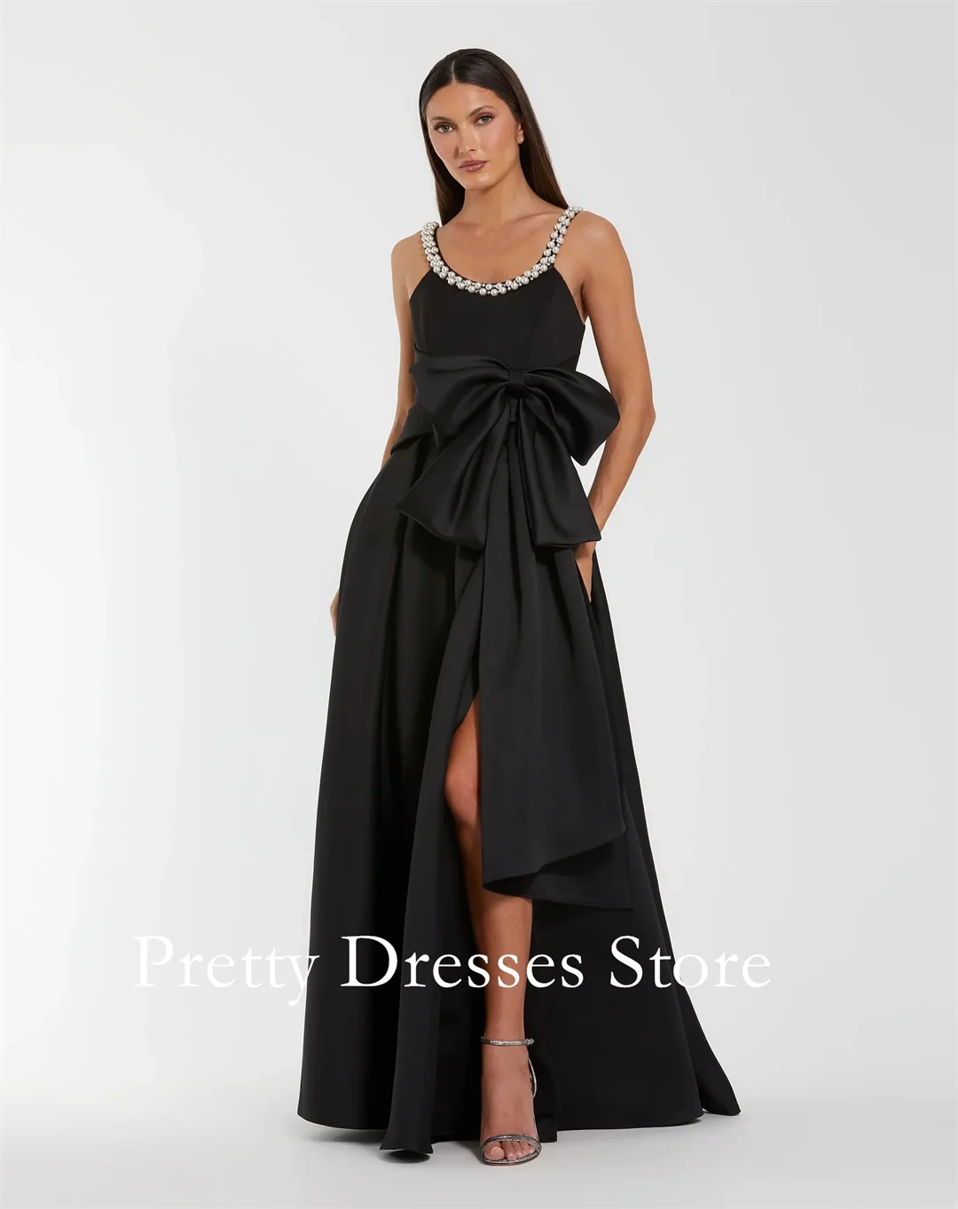 

Black Satin Gown With Pearl Neckline and Bow Detail Evening Dresses Customized Party Prom Gowns Formal vestidos de fiesta