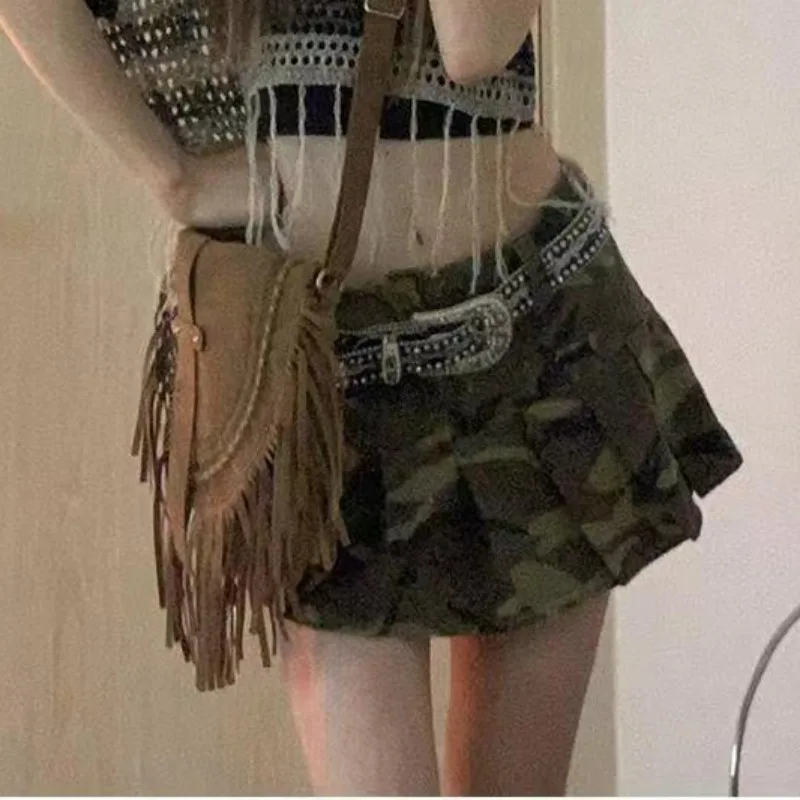 Pleated Skirts for Women American Style Vintage Clothing Summer Camouflage High Street Fit Students All-match Young Sexy Chic