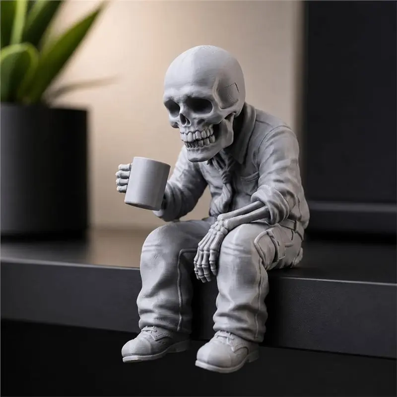 AA73 For Halloween Decorations Coffee Drinking Skull Figurine Skeleton Worker 3D Printed Desk Ornament For Home Desktop