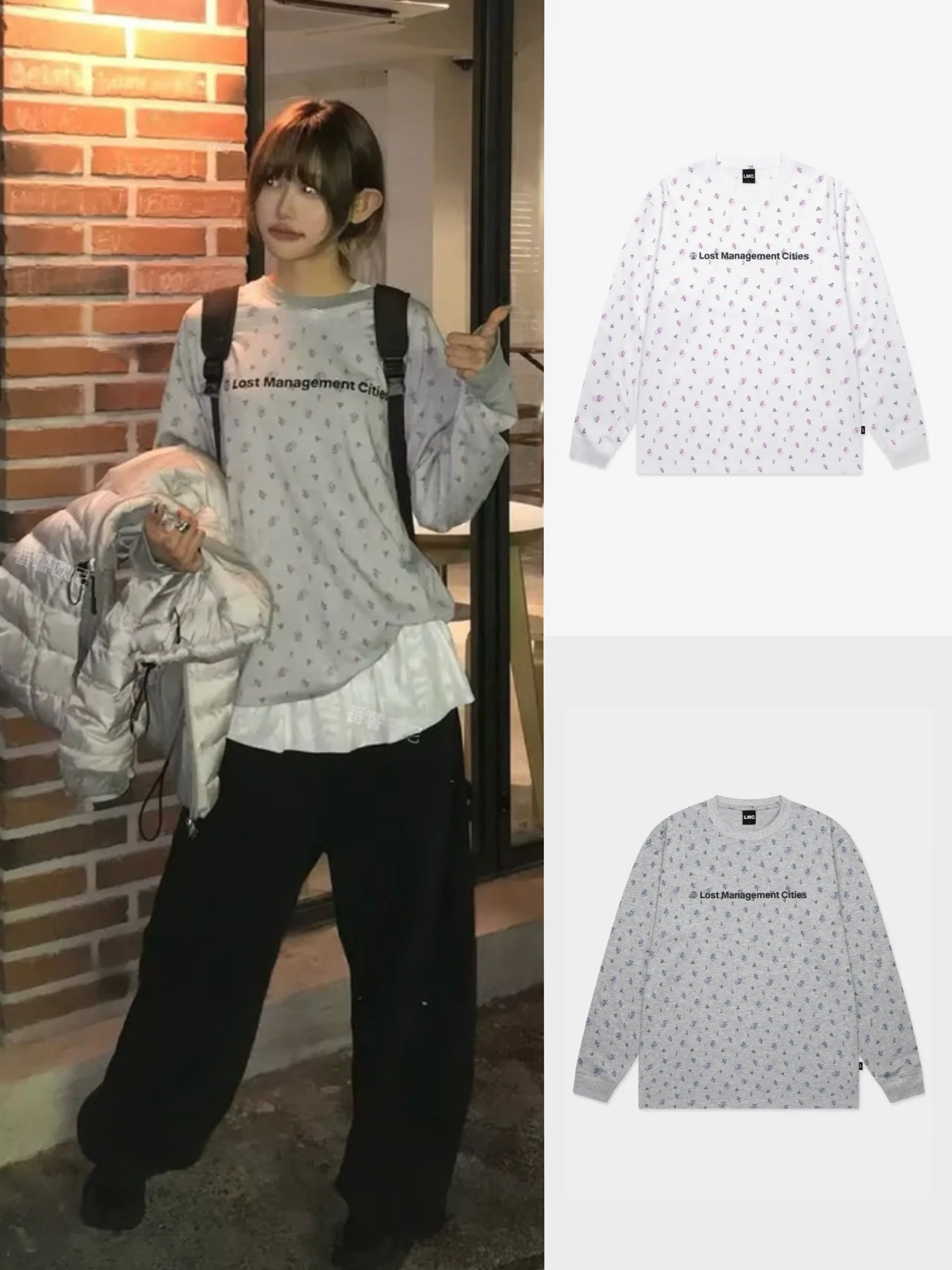 

Floral Print Letter round Ne Long Sve Pure Cotton Loose T-irt Comfortable Korean Sle Women's Casual Top for Autumn