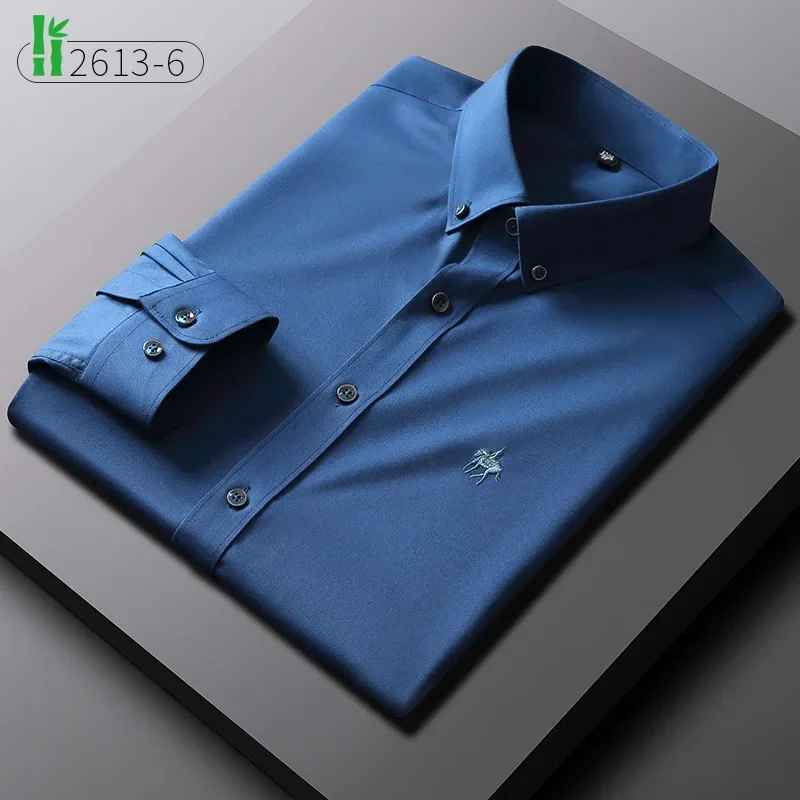 Camisa de manga comprida com fibra de bambu masculina, fina, alta qualidade, seda gelada, casual, rugas, sedosa, negócios, roupas masculinas, atacado, novo