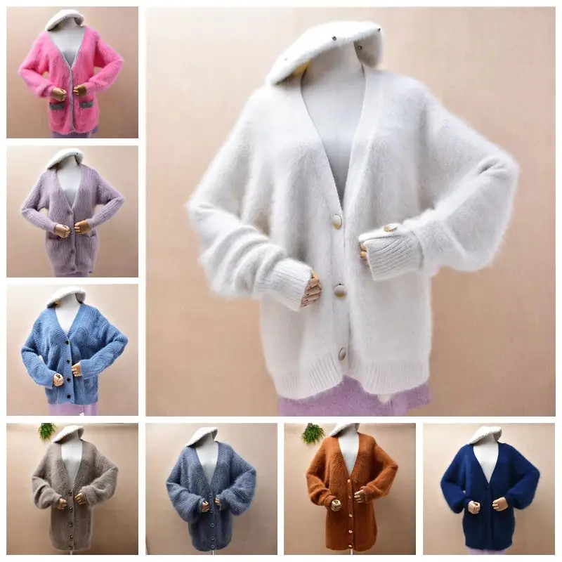 Ladies Women Autumn Winter Fashion Beige Hairy Mink Cashmere Knitted V-Neck Long Sleeves Loose Cardigans Angora Sweater Jakcet