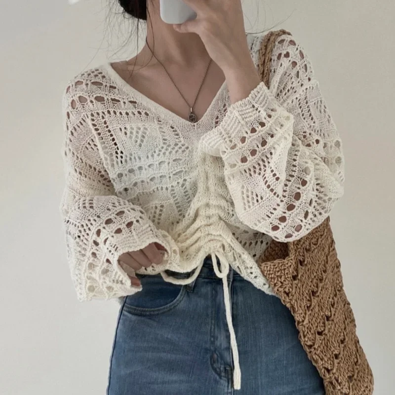 

Sweaters Women Spring College Cropped Lace Up Chic Khaki Pure Hollow Out Knitwear All-match Trendy Mujer Simple Aesthetic White