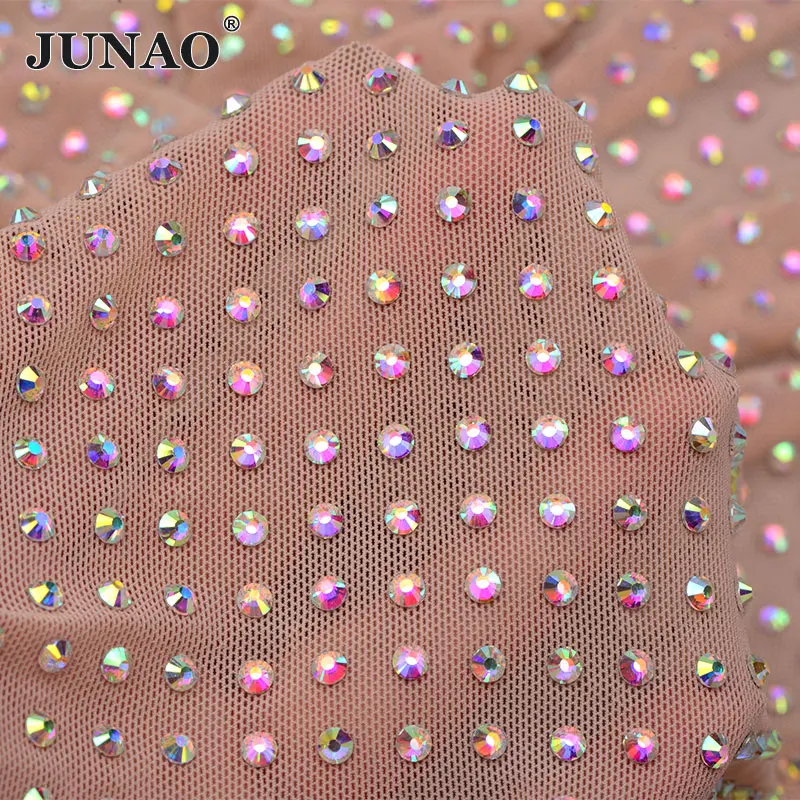 

JUNAO SS16 1x1.5 Meter Beige Wiht AB Sewing Glass Rhinestone Mesh Fabric Strass Trim Crystal Applique For Clothing Accessories