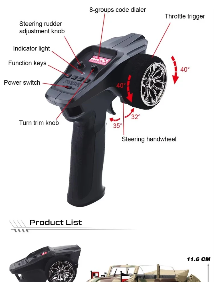 RC Racewagen 1500A Commandovoertuig 1/18 RC Duits Militair Model Converteerbaar Licht Elektrisch Simulatie Afstandsbediening Voertuig