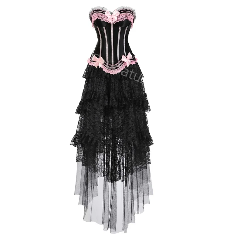 

Corset Dress Plus Size Long Skirt Set Sexy Bustier Renaissance lace bow Gothic Vintage Halloween Costume Fashion Party Red Green