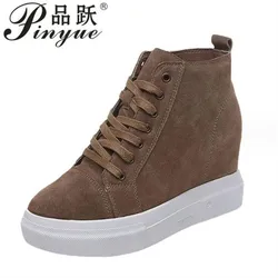 8cm Genuine Leather Suede Platform Wedge Women Fashion Chunky Sneakers Spring Autumn Casual Hidden Vulcanized shoes 34 39