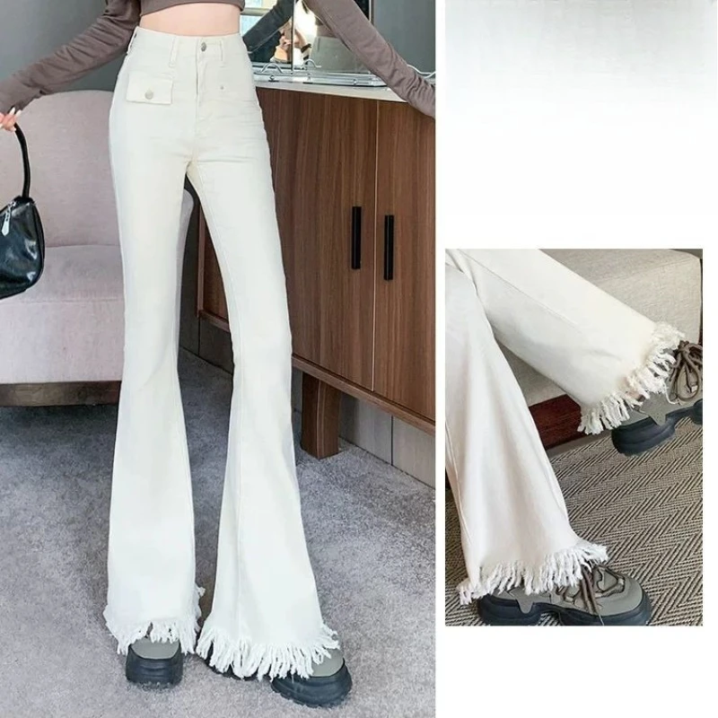 

High Waist Slim Fit Micro Flared Denim Jeans Women's Spring Autumn Bla Frayed Bootcut Pants Commute Sle Cotton Stretch TT1088