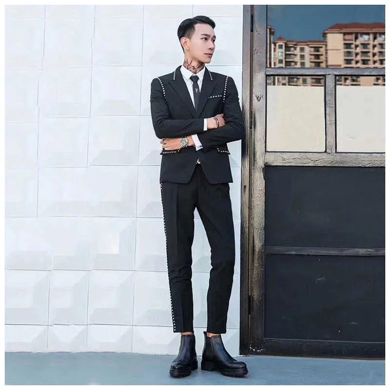 Trajes De Hombre British Style Slim Suit Two-piece Suit Nightclub Rivet Coat Smoking Homme Mariage Fashion Korea Suit Male