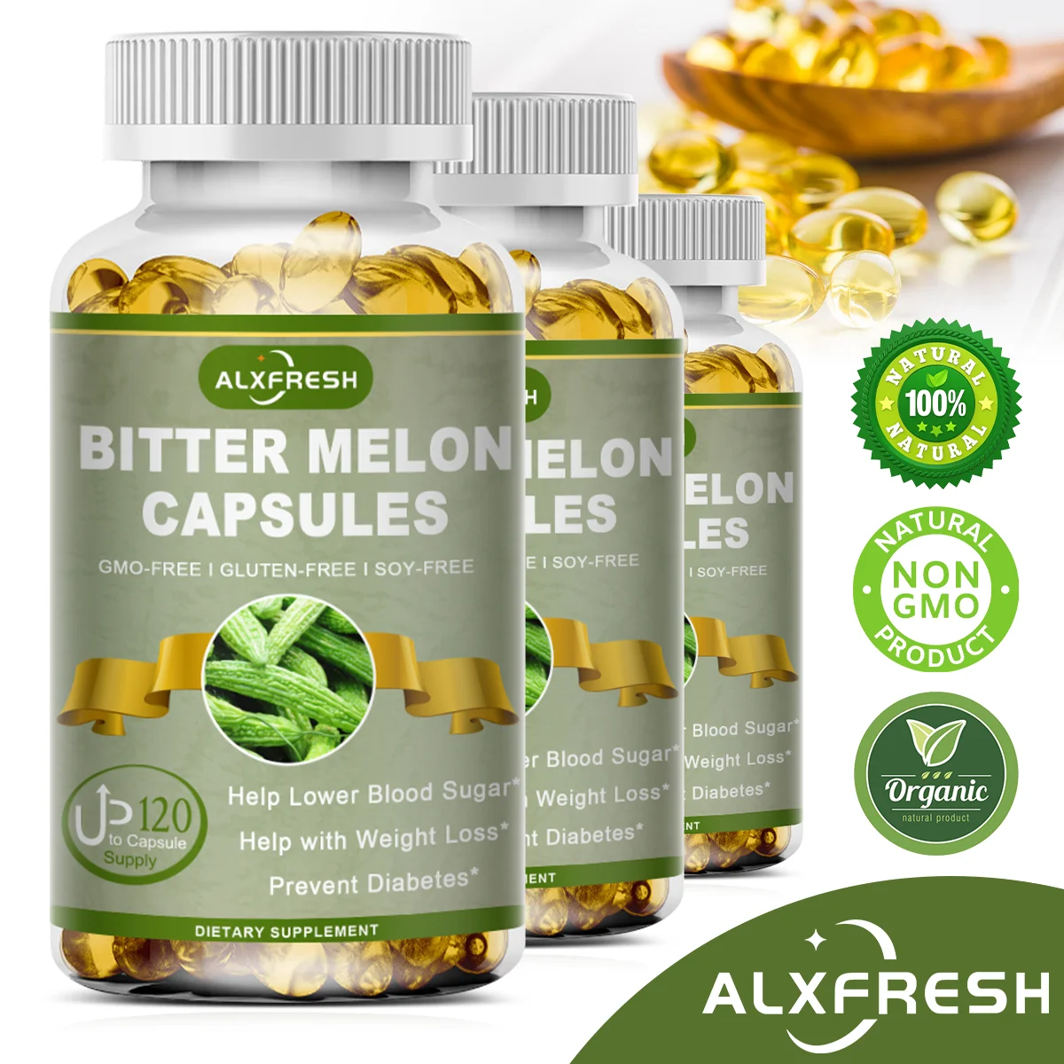 Alxfresh Extra Strength Bitter Melon 2500 mg 16:1 Supplement, Organic, Non-GMO, Vegan, ,Gluten Free 120/ 60 Plant-Based Caplets