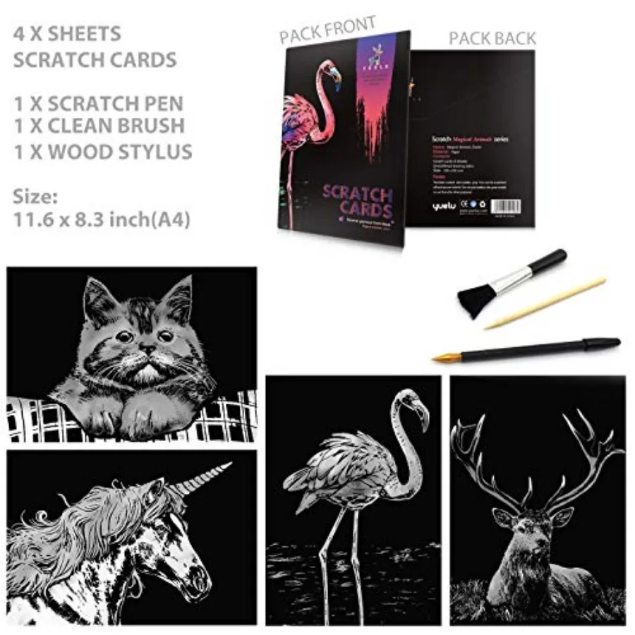 Rainbow Scratch Art Painting Paper A4 for and Adults, Night View Scratchboard, Art and Craft, Engraving Art Set: 4 Sheets Scrat