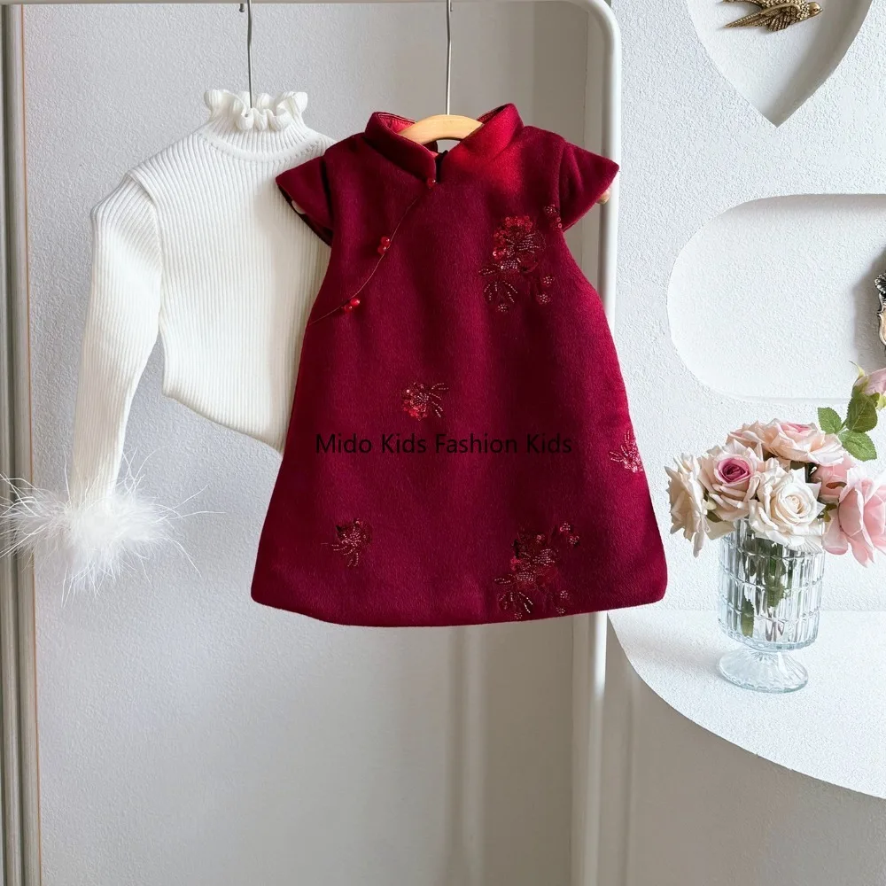 Winter 1-12Y  Kids Cheongsam Dress with Peony Embroidery Floral Print Woolen Fabric Furry Cuffs New Year Outfit 90-140cm