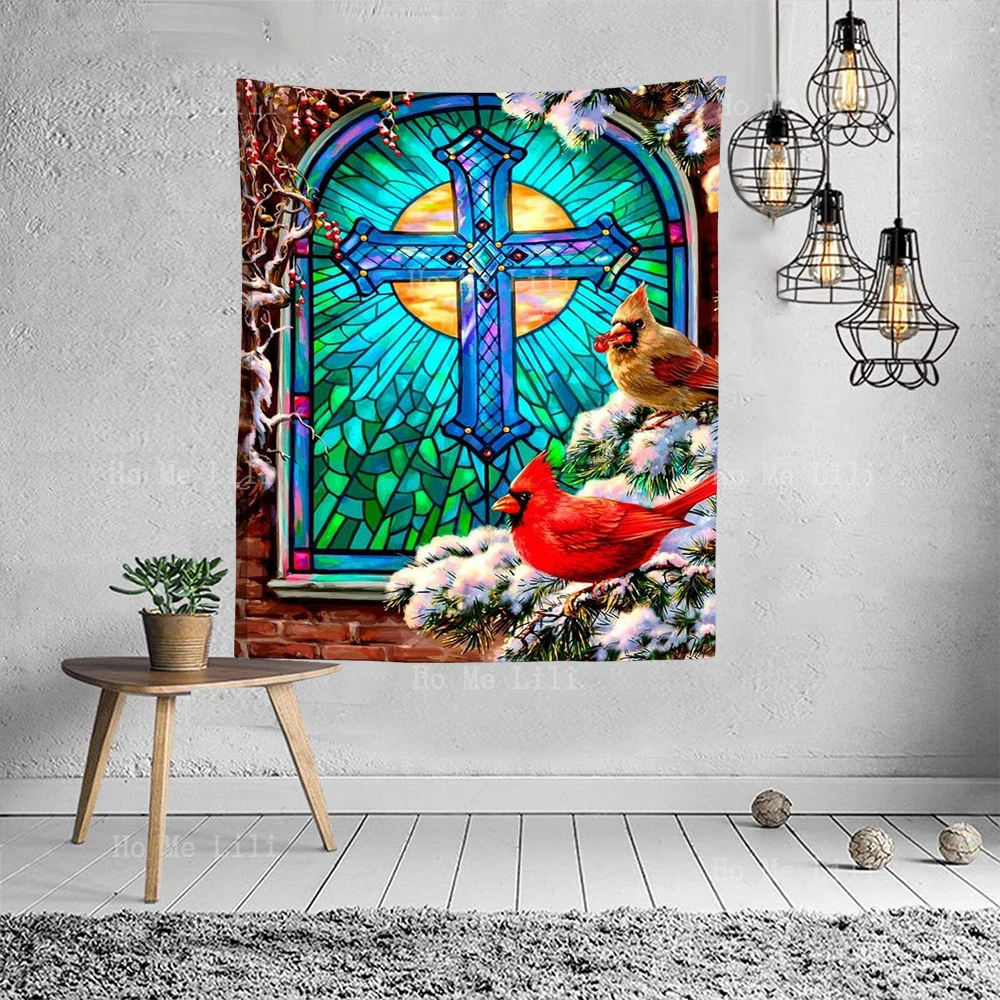 Stained-Glass Crosses And Cardinal Birds Stand On The Snow Decorate Rooms With Tapestries