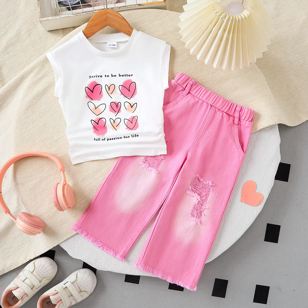 2pcs Summer Girls Heart Print Tank Top + Gradient Denim-Look Pants Set, Sweet Cool Style, Daily/School Wear, 1-3Y, Breathable Fa