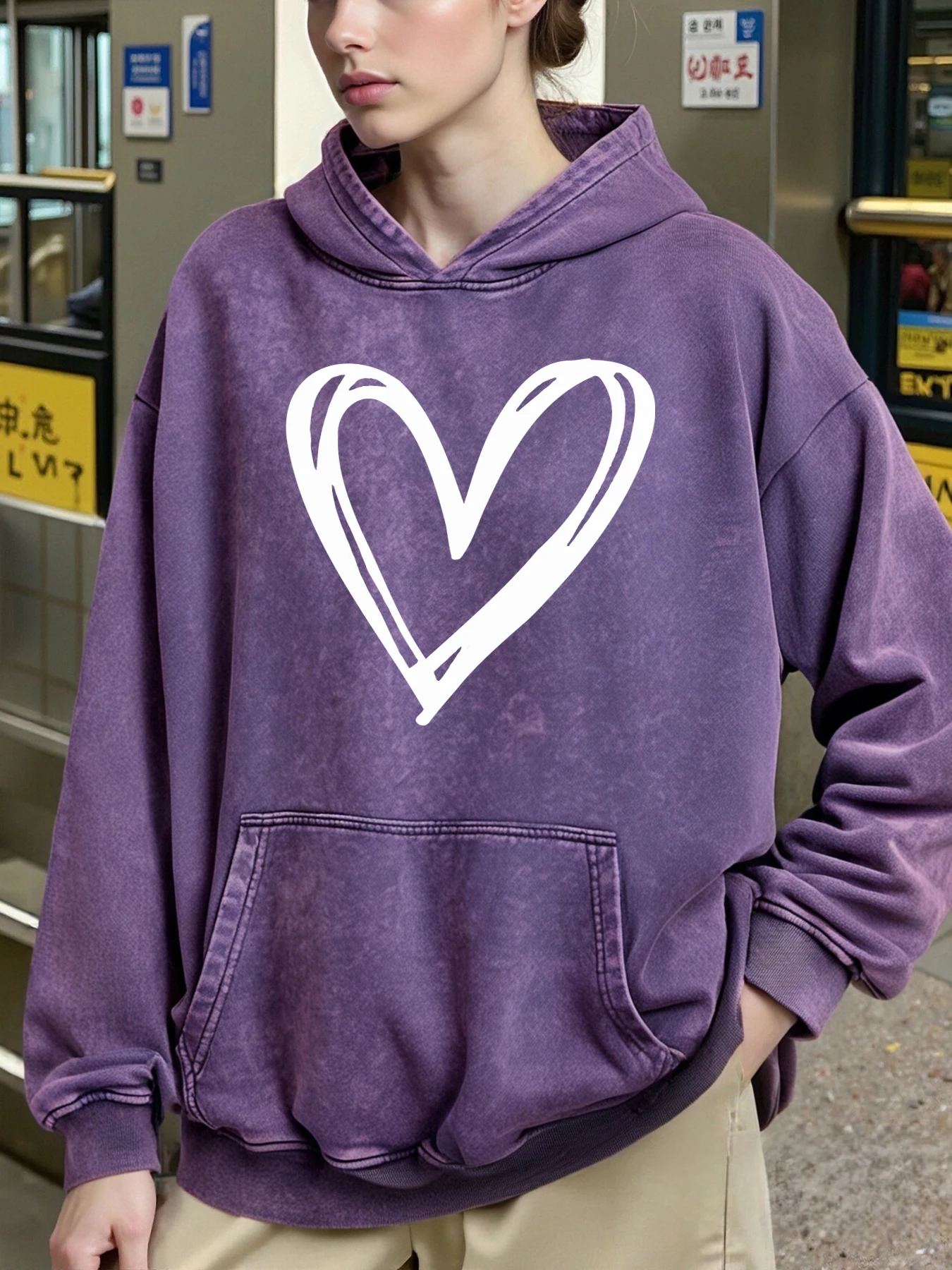 Simples oco para fora coração imprime moletom com capuz feminino vintage solto com capuz de algodão lavado hoodies bolso outono inverno mulher roupas esportivas