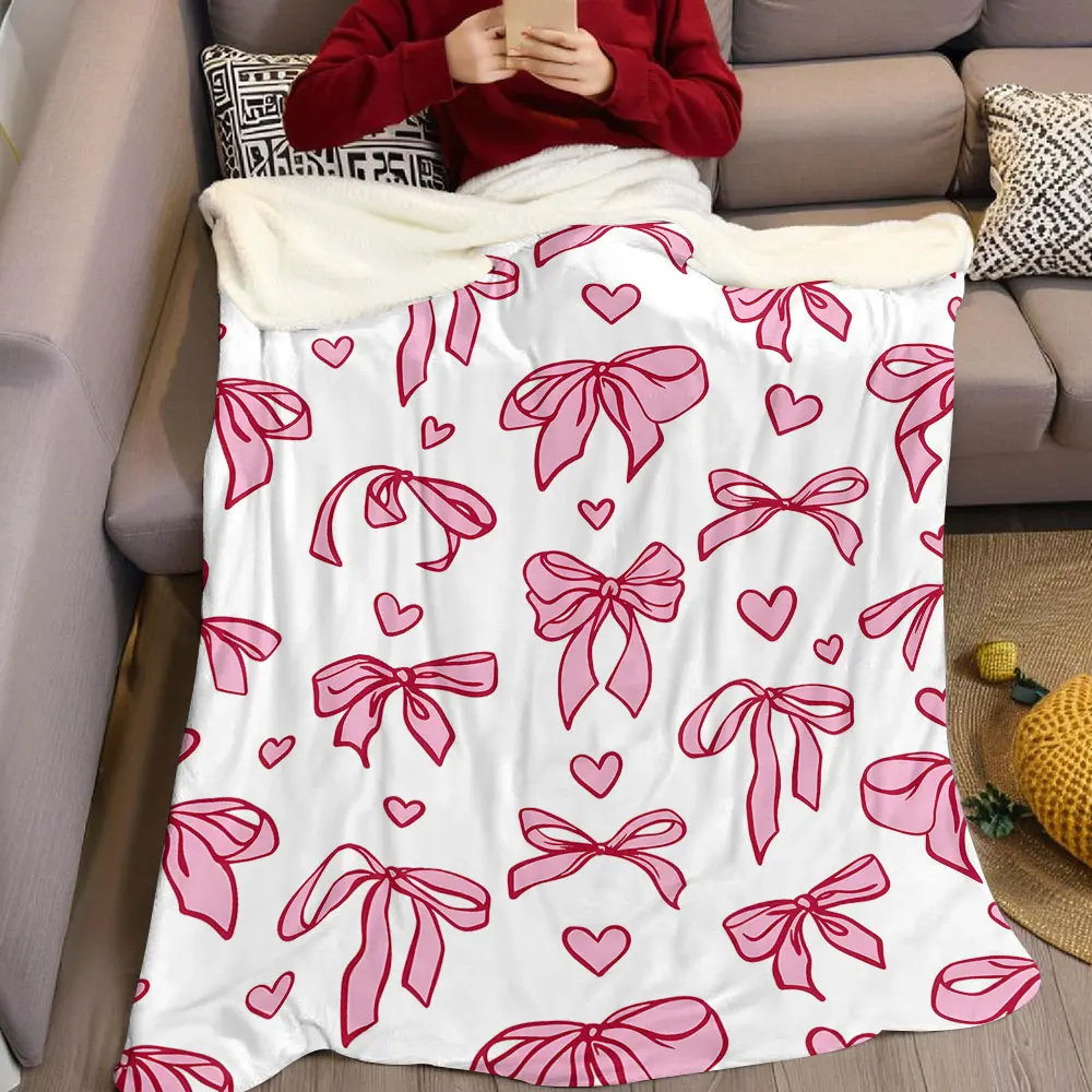 pink bow heart doodle Flannel Blanket Warm Soft Halloween Christmas Decorative Couch Warm Cozy All-Season Gift