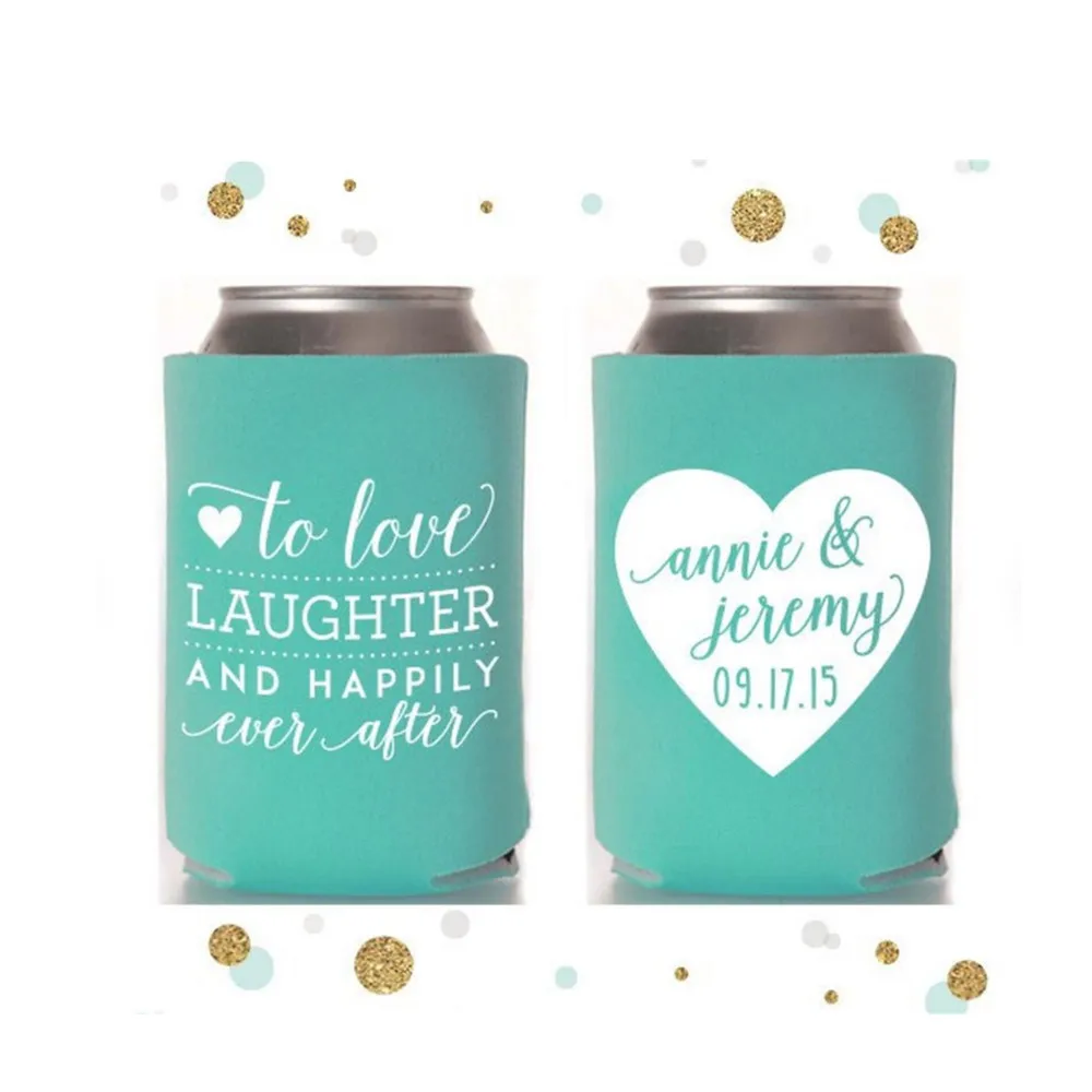 

Heart - Wedding Can Cooler #13R - Custom - Love and Laughter and Happily Ever After-Bridal Wedding Favors, Beverage Insulators,