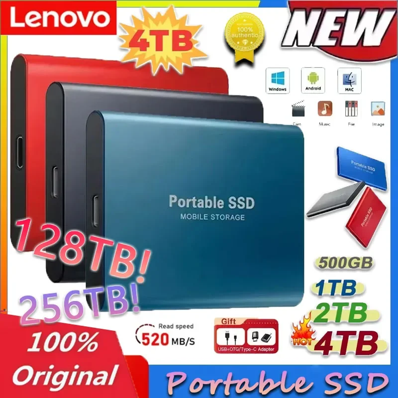 

Внешний твердотельный накопитель Lenovo 1 ТБ, высокоскоростной жесткий диск 2 ТБ, портативный SSD USB 3.1 256 ТБ, 128 ТБ для ПК/ноутбука/Mac/телефона