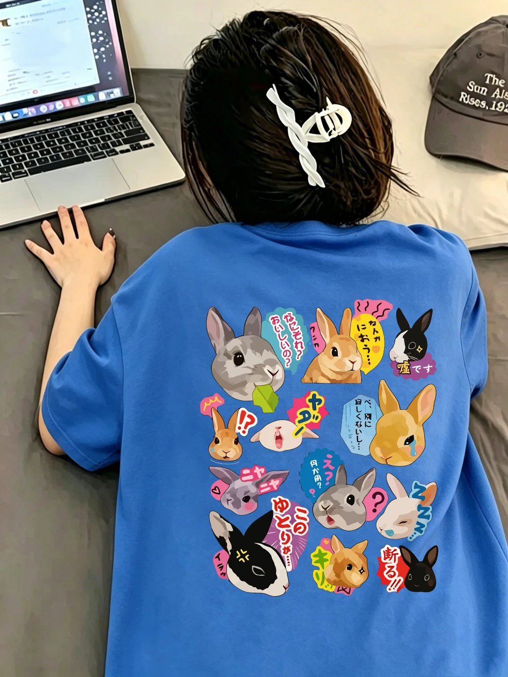 Summer T-Shirts Women Cotton Japanese Rabbit Expression Prints Tops O-Neck Soft Oversized Short Sleeve Tees Basic Woman Clothes
