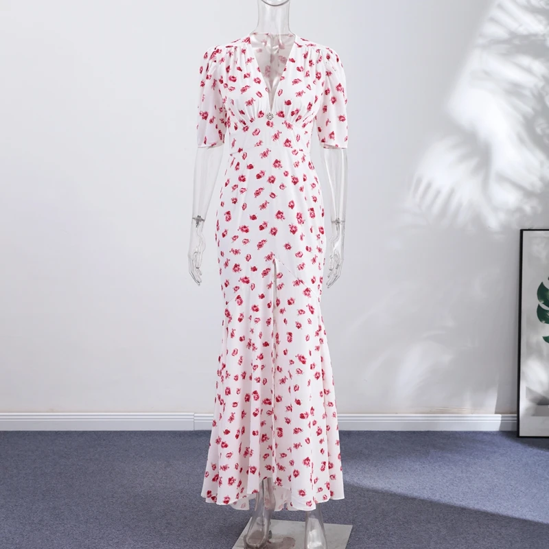 Elegant Women's Floral Printed Dress Slim V Neck Short Sleeve Waist Cinching Long Fishtail Dresses 2026 Summer Lady Party Robes