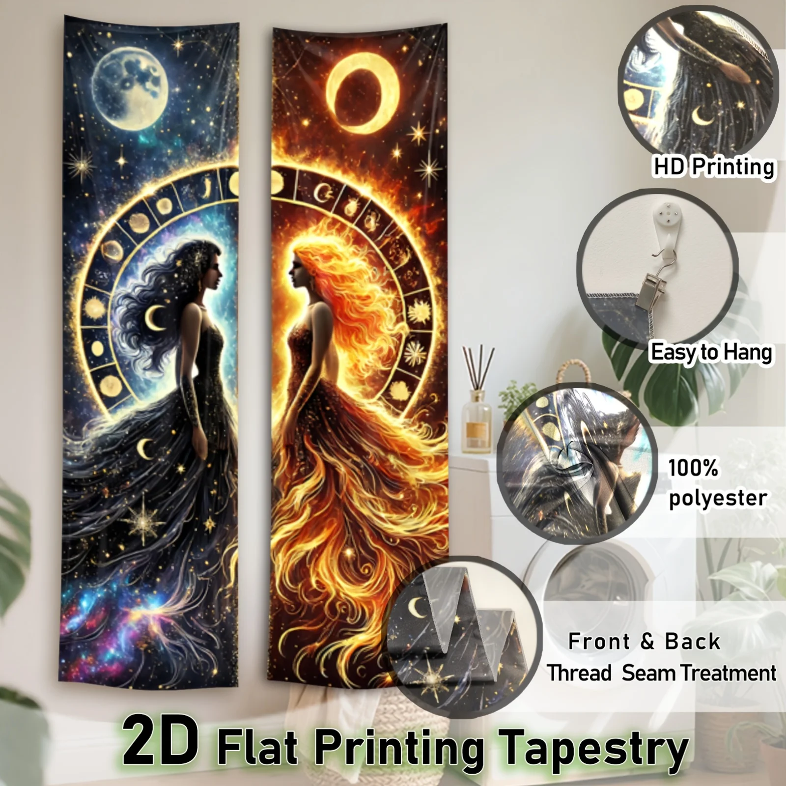 Tapestry Wall Hanging Tapestry Anime Moon Muse Pattern Vertical Banner Tapestry, Moon, Sun, Stars, and Fire, Mystery Tapestry,