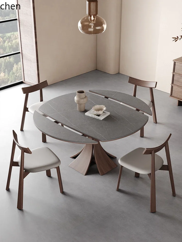 TQH-c13  Solid Wood Folding Dining Table and Chairs for Small Families, Rock Board Extendable Convertible Round Table