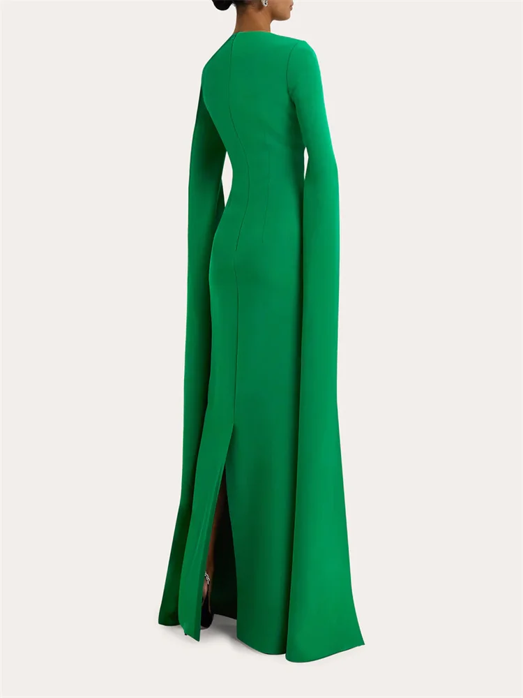 New Arrival Notched Neckline Long Slit Cape Sleeves Straight Crepe Evening Dress Elegant Back Zipper Floor Length Gown For Women