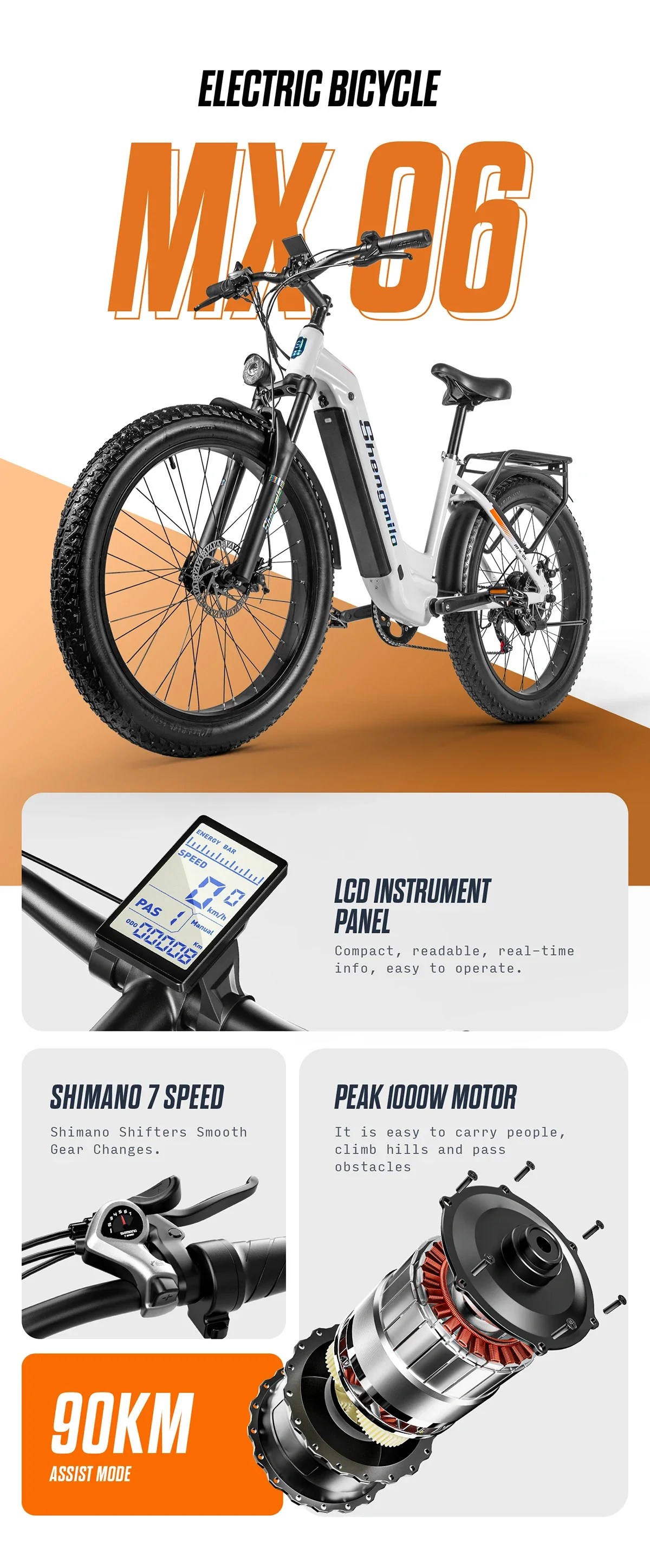 Shengmilo MX06 Ctà Bici Elettrica 26*3 Bici Elettrica Per Pneumatici Grassi 1000W 48V 17.5AH Batteria Bicicletta Elettrica Mountainou Per Adulti - Foto 10