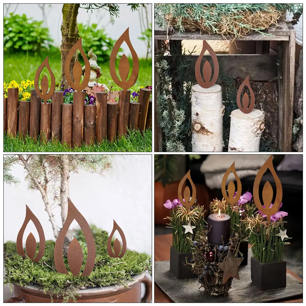 

3Pcs Iron Flame Garden Stakes Durable Metal Yard Art Install Flower Bed Pathway Holiday Decor