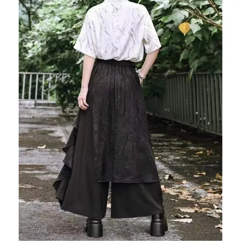 Men Women Dark Black New Chinese Style Wide Leg Pants Patchwork Double Layer Vintage Culotte