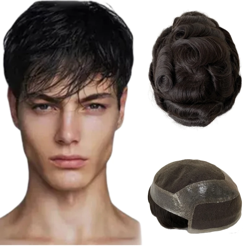 أنظمة الشعر البشري المنغولية المموجة 32 مم، # 1b اللون الأسود 8x10 الدانتيل السويسري هوليوود الشعر المستعار للرجل الأبيض